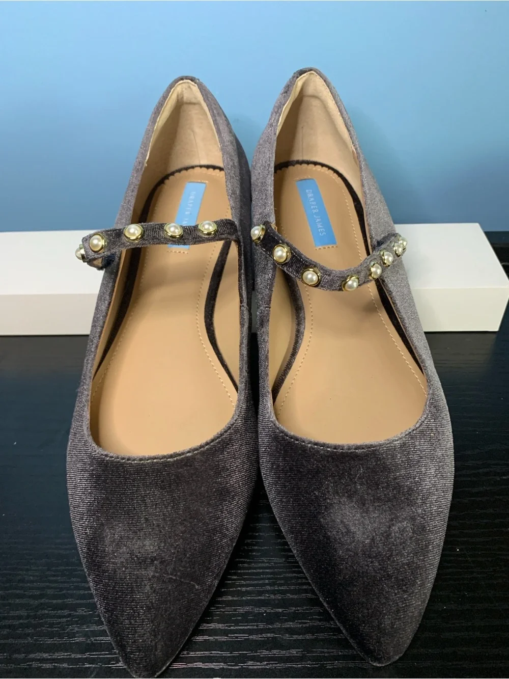 Draper James Abigail Grey Velvet Pearl-Strap Pointed Mary Jane Flats